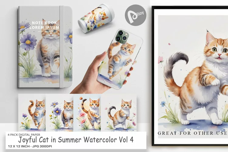 Digital Paper Cat in Summer Watercolor