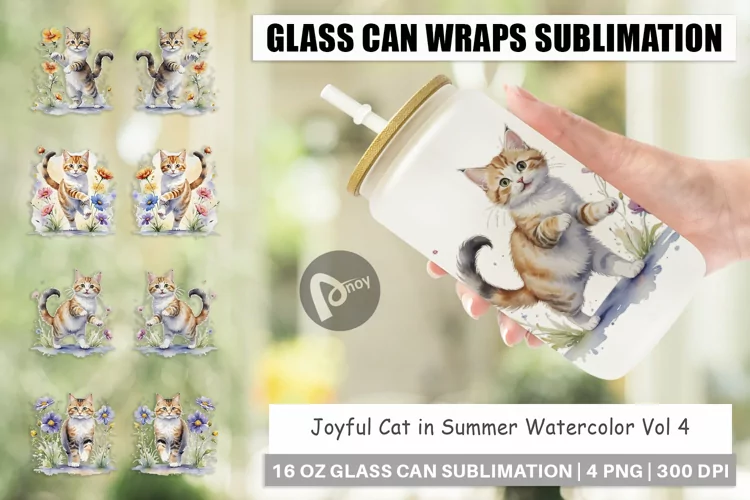 Glass Can Wraps Cat in Summer Watercolor