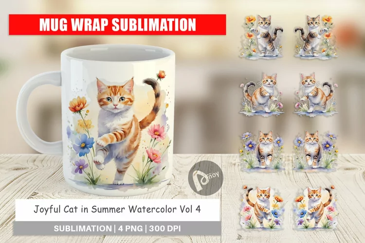 Mug Wrap Design Cat in Summer Watercolor