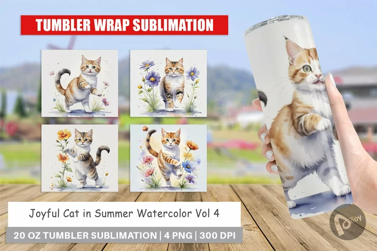 Tumbler Wrap Cat in Summer Watercolor