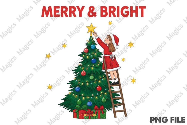 Vintage Christmas PNG, Merry & Bright