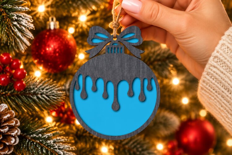 Christmas Drip Ornament SVG, Laser Cut Bow Bauble example image 1