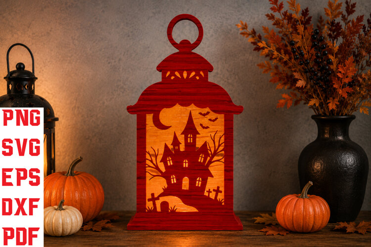 Haunted House Halloween Lantern Laser Cut SVG example image 1