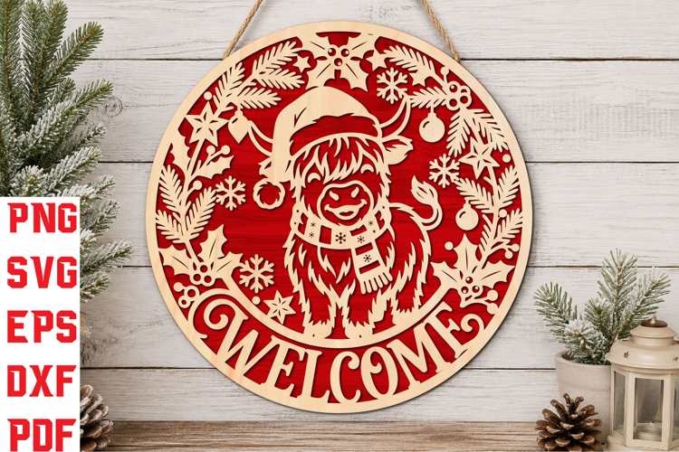 Highland Cow Christmas Round Laser Cut SVG