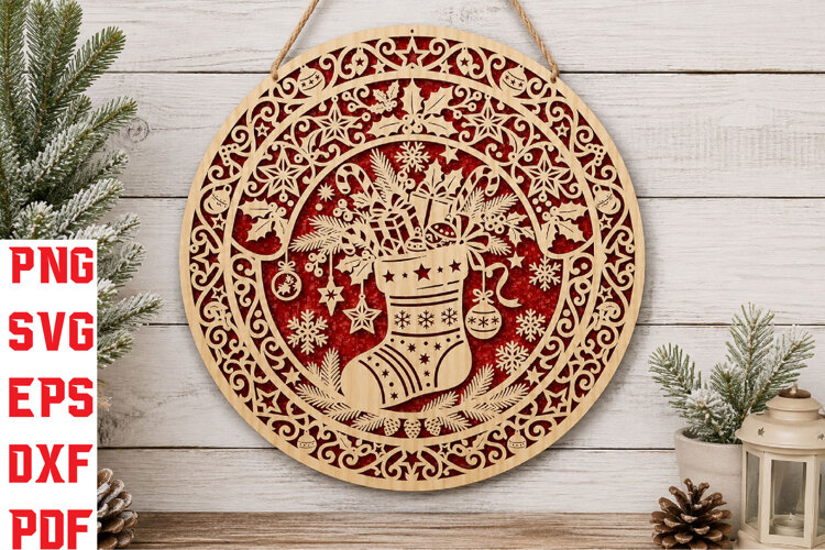 Christmas Stocking Round Laser Cut SVG example image 1