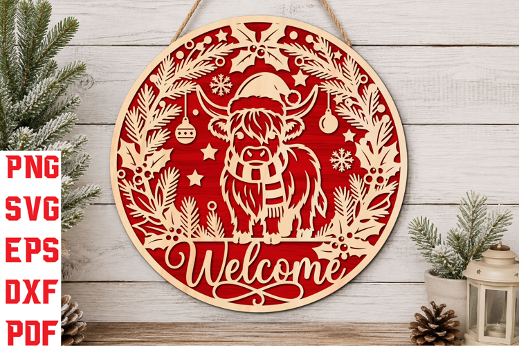 Christmas Highland Cow Welcome Laser Cut SVG