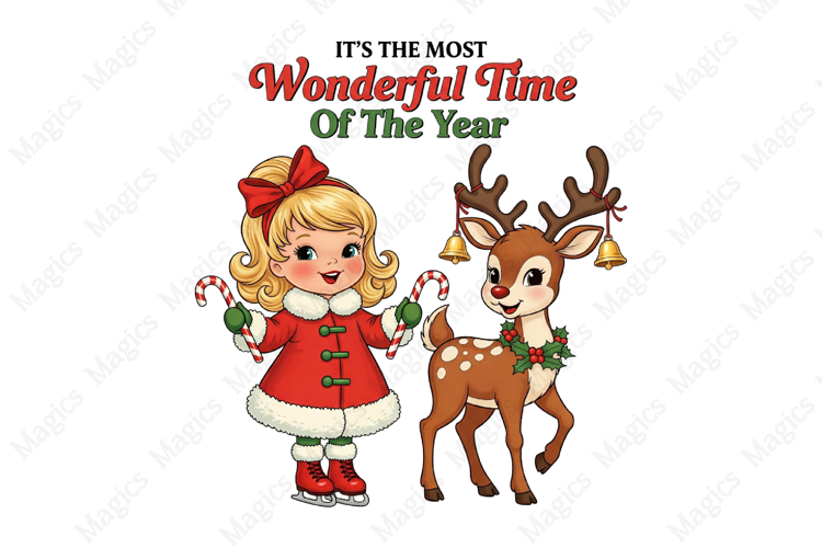 Vintage Christmas PNG, Girl with Deer