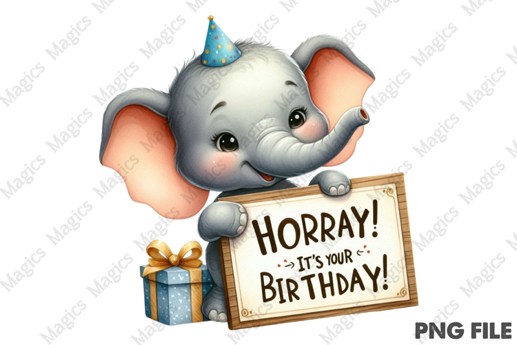 Elephant Birthday Gift Clipart, Birthday Sublimation Design
