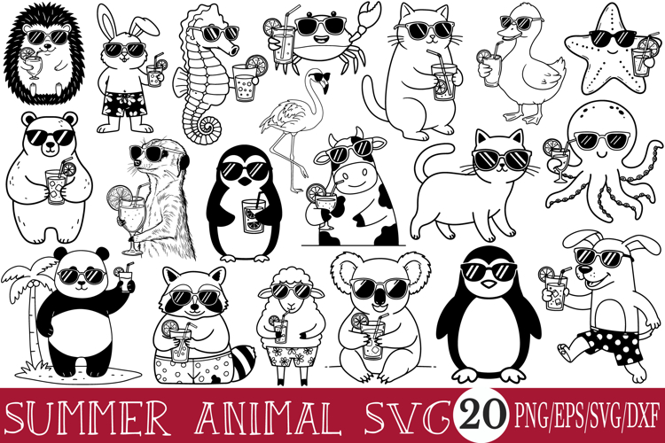 Black Line Art Summer Animal SVG Bundle