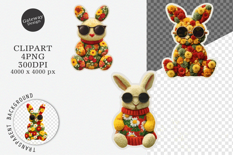 4 Easter Stickers Knitted Easter Floral Bunny Stickers