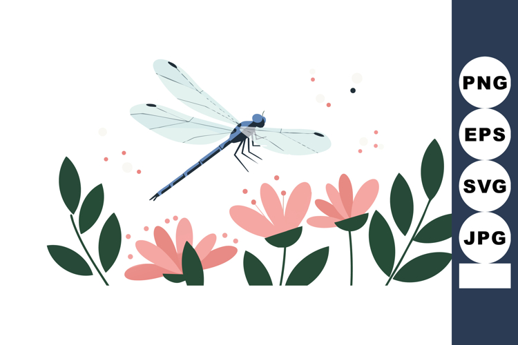 Blue dragonfly flying above pink flowers and green leaves ve