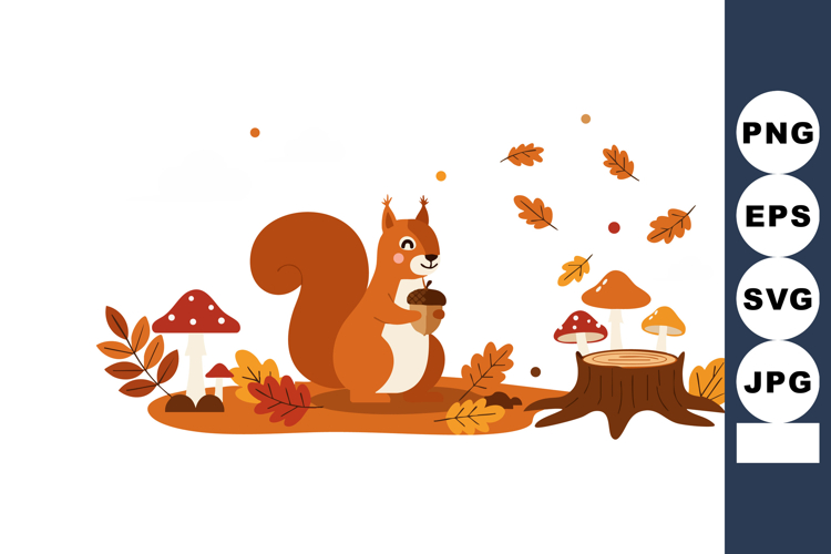 Red squirrel holding acorn with autumn leaves and mushrooms