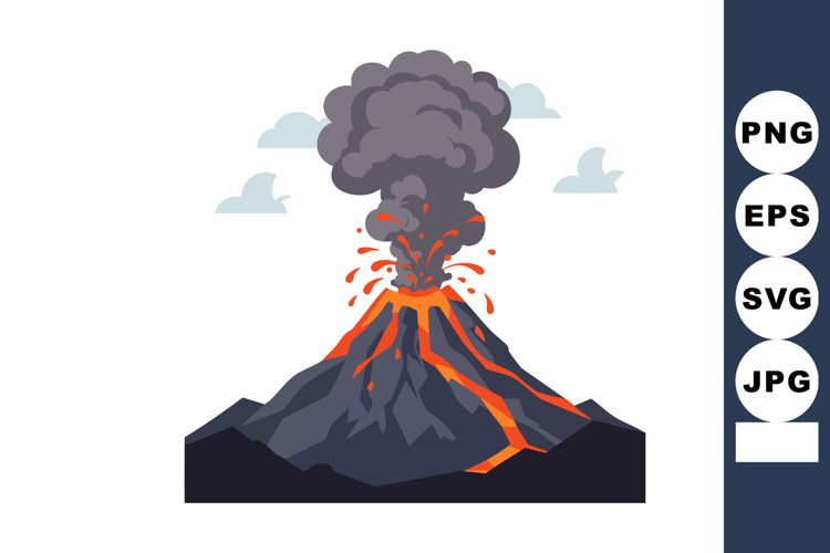Volcanic eruption with smoke and lava flowing from mountain