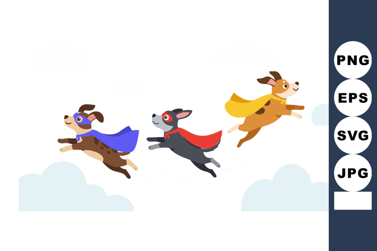 Three Flying Dogs with Colorful Capes Vector Illustration wi