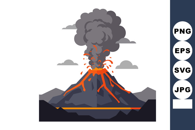 Volcano erupting with lava flow and ash smoke in mountain la