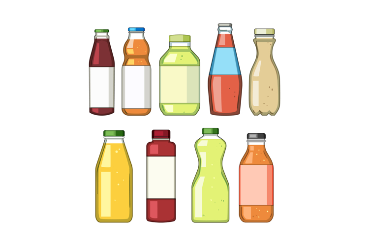 Assortment of beverage bottles featuring fruit juices and re