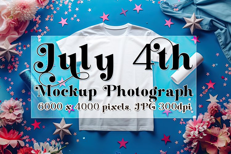 4th of July Mockup, White T Shirt on Blue Table Photograph 3 example image 1