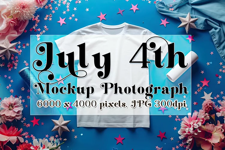 4th of July Mockup, White T Shirt on Blue Table Photograph 3