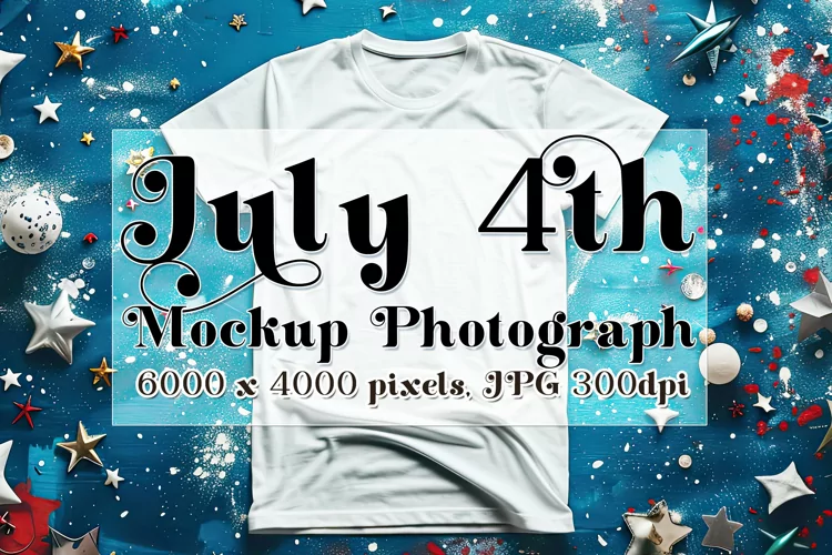 4th of July Mockup, White T Shirt on Blue Table Photograph 5