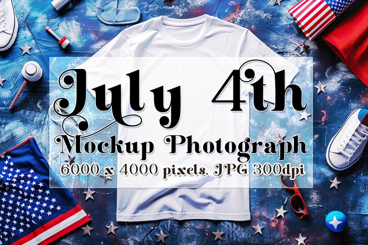 4th of July Mockup, White T Shirt on Blue Table Photograph 6