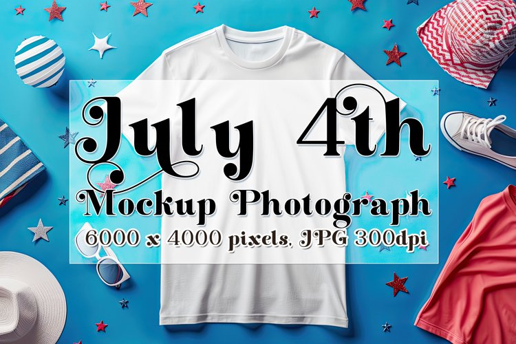 4th of July Mockup, White T Shirt on Blue Table Photograph 7