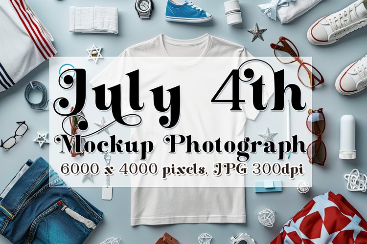 4th of July Mockup, White T Shirt on Blue Table Photograph 8 example image 1
