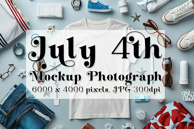 4th of July Mockup, White T Shirt on Blue Table Photograph 8