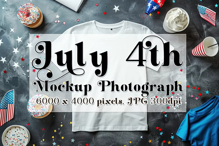 4th of July Mockup, White T Shirt on Grey Table Photograph 9