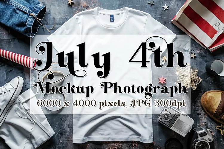 4th of July Mockup, White T Shirt Grey Table Photograph 11