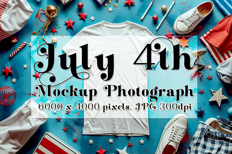 4th of July Mockup, White T Shirt Blue Table Photograph 12
