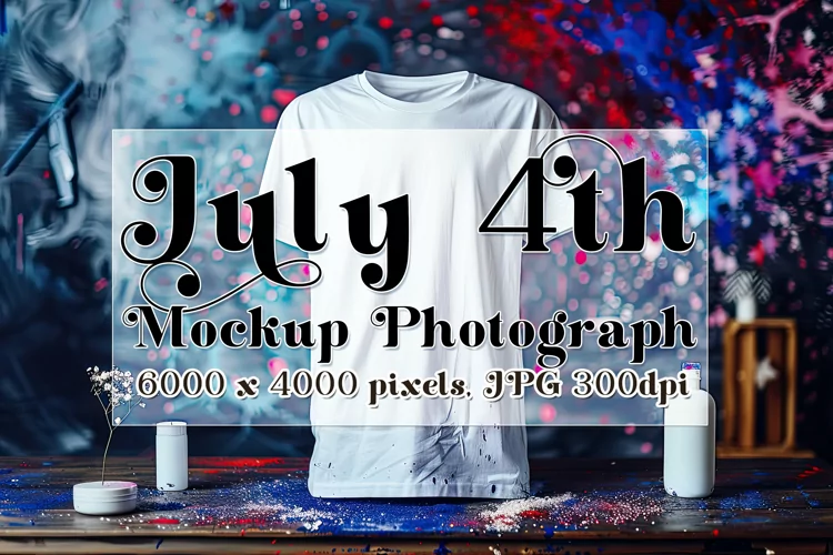 4th of July Mockup, White T Shirt on Blue Table Photograph 2