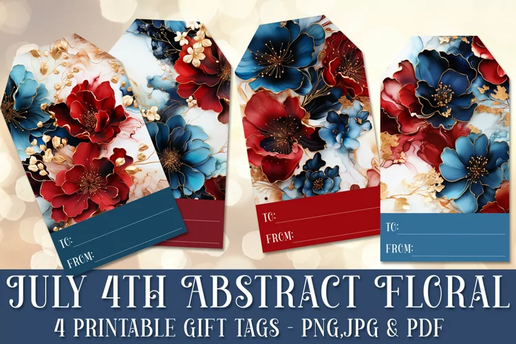 Abstract Floral July 4th Gift Tags & Sheet, Printable Crafts