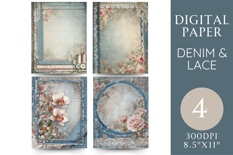 Lace   Denim Junk Journal Paper 4 Vintage Pages