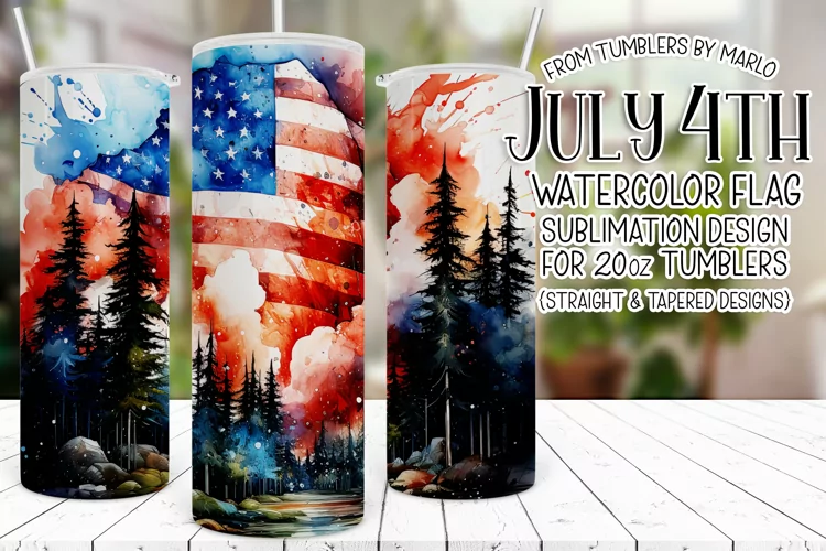 July 4th Tumbler Design, Watercolor American Flag Design