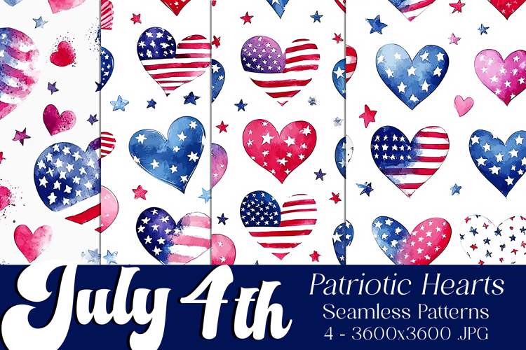 July 4th Patterns, 4th of July Hearts Seamless Patterns, s1