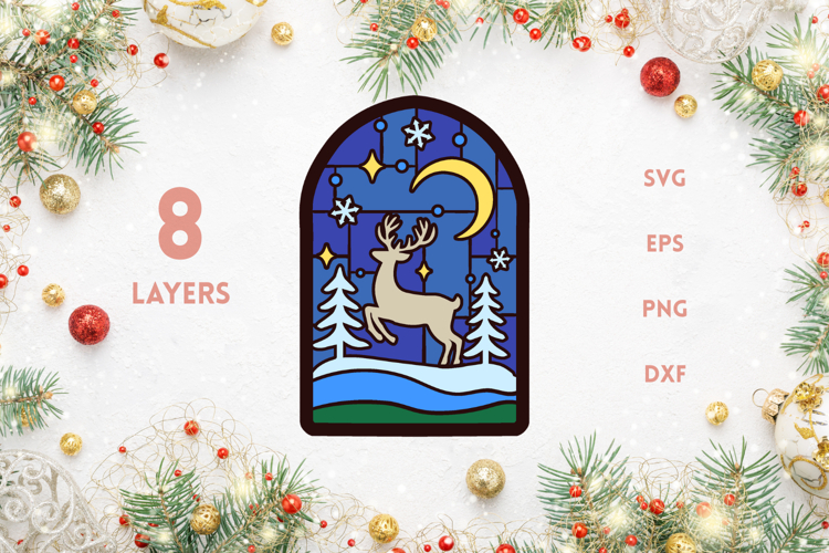 Jumping Reindeer stained glass - 7 SVG layers