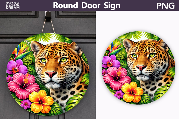Tropical Leopard Door Sign | Jungle Animal Floral Decor