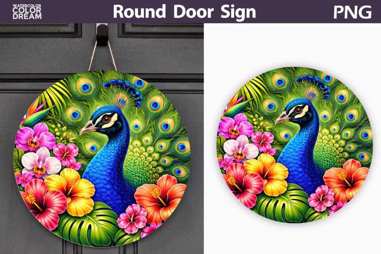 Tropical Peacock Door Sign | Jungle Floral Animal Decor