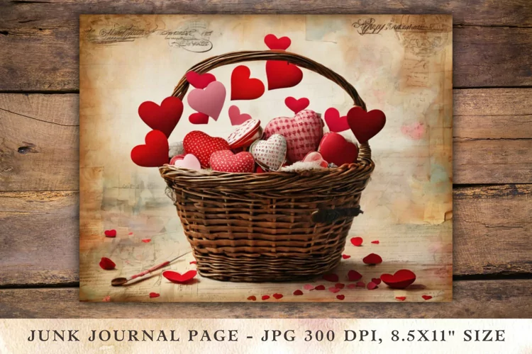 Valentine Junk Journal Pages - hearts in basket
