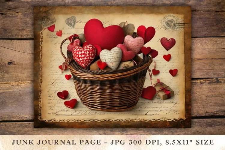 Valentine Junk Journal Pages - hearts in basket