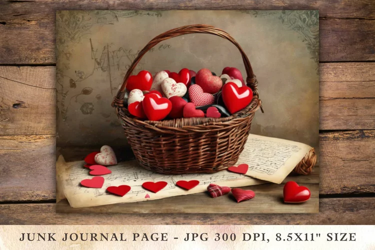 Valentine Junk Journal Pages - hearts in basket