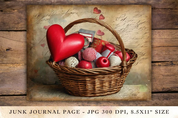 Valentine Junk Journal Pages - hearts in basket
