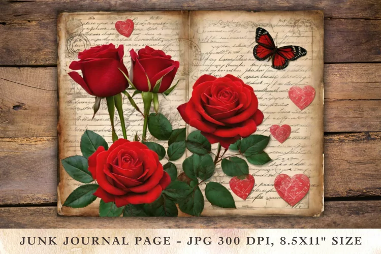 Valentine Junk Journal Pages - red roses