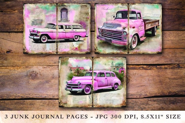 Junk Journal Pages - classic pink cars
