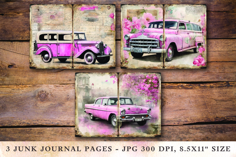 Junk Journal Pages - classic pink cars