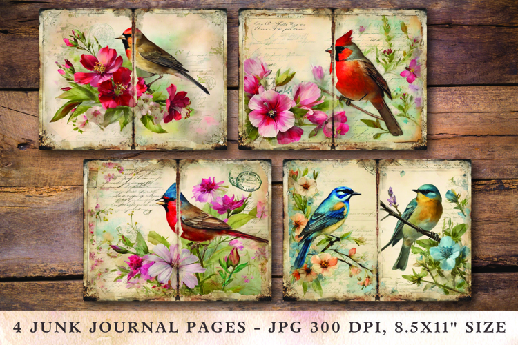 Junk Journal Pages - floral bird