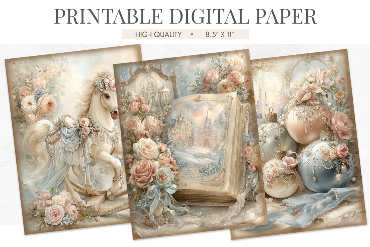 Romantic Winter Digital Paper Castle Horse Ornaments JPGs