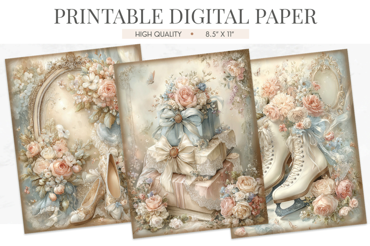 Vintage Winter Digital Paper Skates Shoes Gifts JPGs