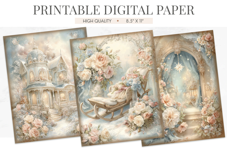 Dreamy Winter Digital Paper Mansion Sleigh Arch JPGs