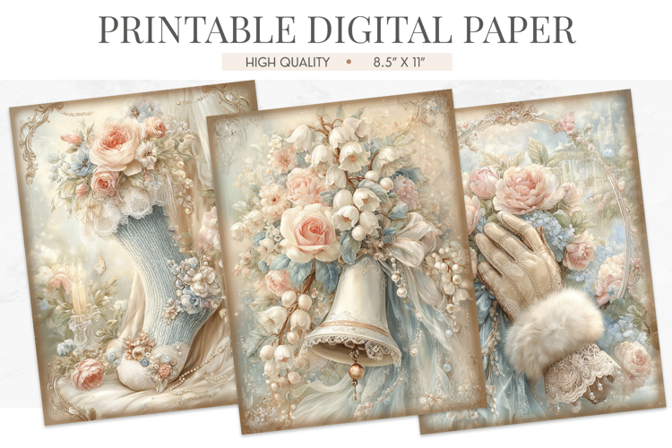 Vintage Winter Digital Paper Bell Glove Boot JPGs